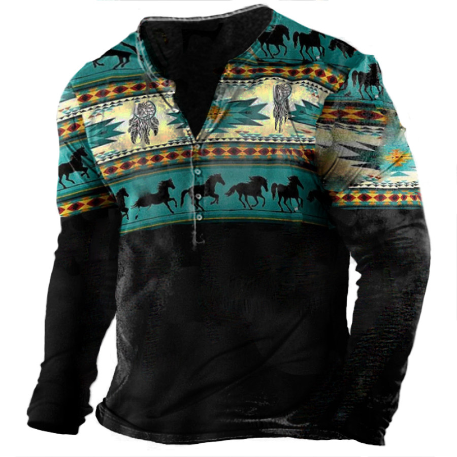 

Men's Ethnic Totem Print Half Collar T-Shirt