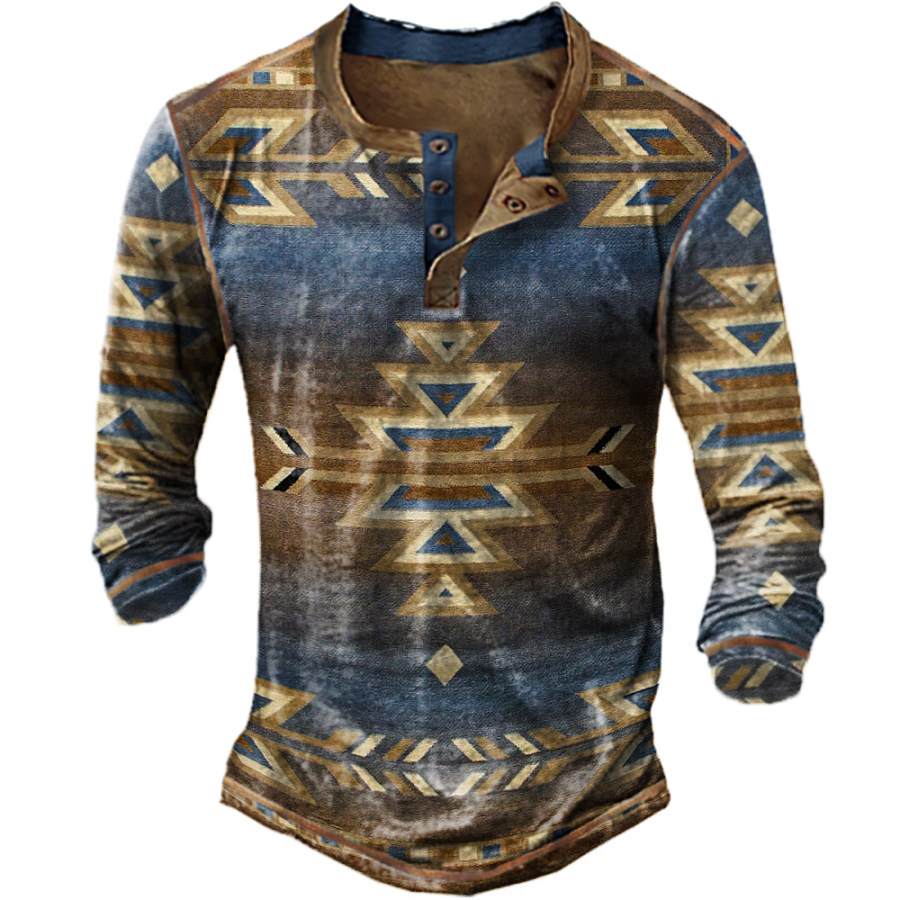 

Men's Ethnic Print Henley Collar Long Sleeve T-Shirt