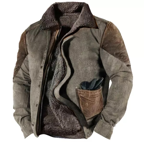 Men's Vintage Contrast Panel Chic Deerskin Lining Plus Fleece Jacket
