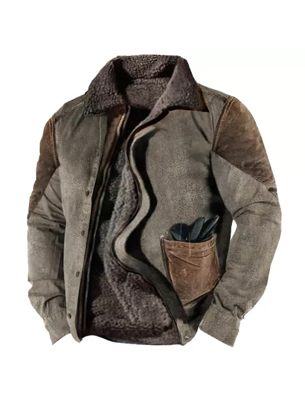 Men's Vintage Contrast Panel Deerskin Lining Plus Fleece Jacket