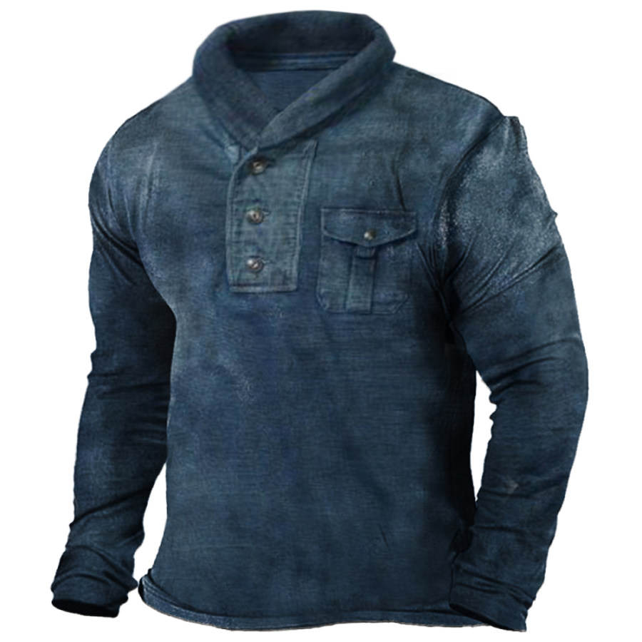 

Men's Vintage Denim Print Lapel Long Sleeve T-Shirt