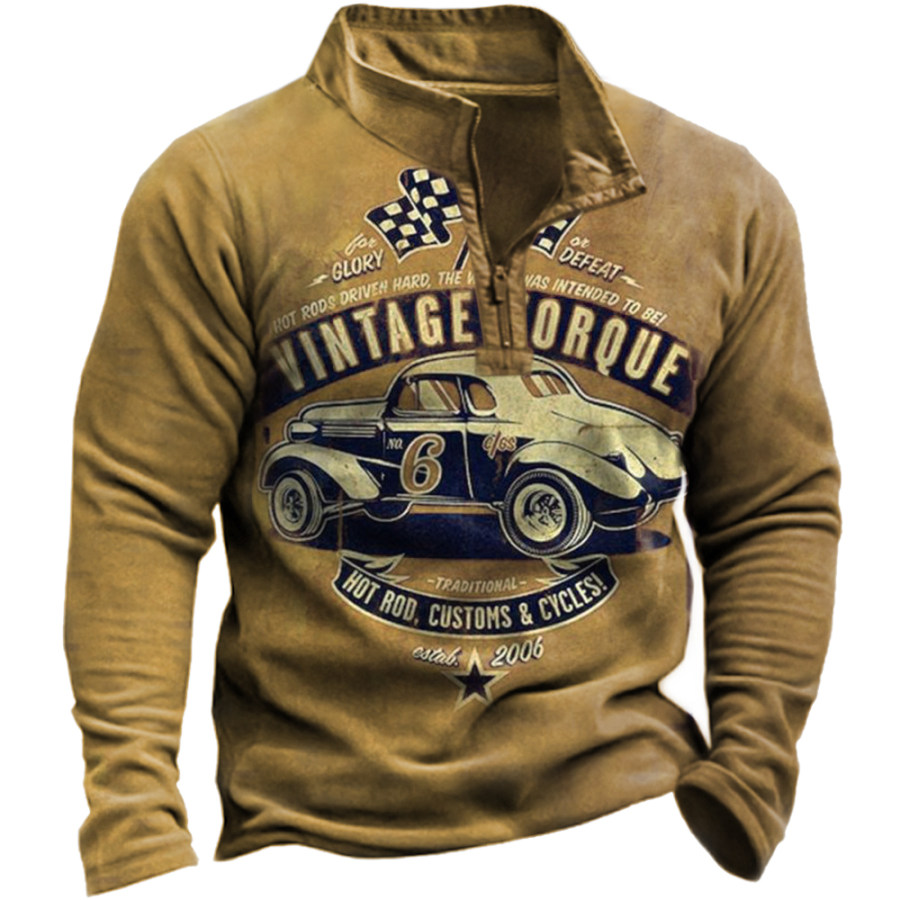 

Men's Outdoor Vintage Car Print Zip Up Collar Sweatshirt