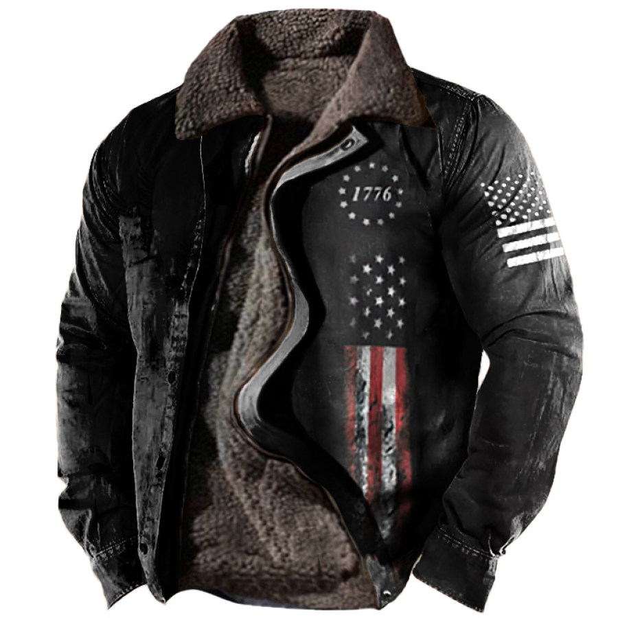 

Men's 1776 Independence Day American Flag Print Fleece Zipper Tactical Shirt Jacket