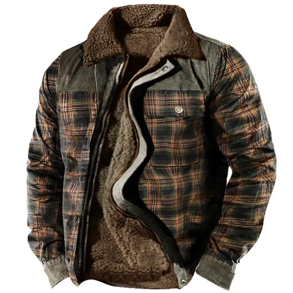 Men's Retro Check Pattern Stitching Fleece Warm Wanderer Jacket - Nikiluwa.com 