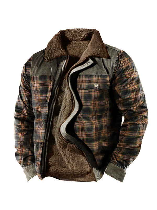 Men's Retro Check Pattern Stitching Fleece Warm Wanderer Jacket