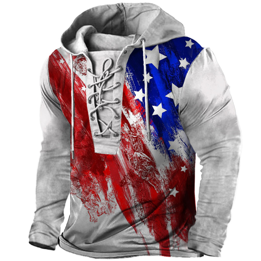 

Men's Vintage American Flag Print Tie Hooded Long Sleeve T-Shirt
