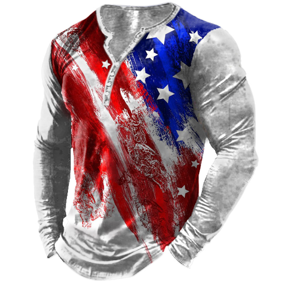 

Men's Vintage American Flag Print Henley Collar Long Sleeve T-Shirt