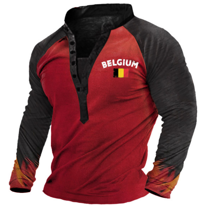 

Men's Outdoor World Cup Belgium Soccer Print Henley Long Sleeve T-Shirt