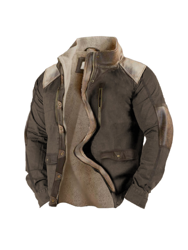 Men's Vintage Fleece Stand Collar Pocket Tactical Jacket