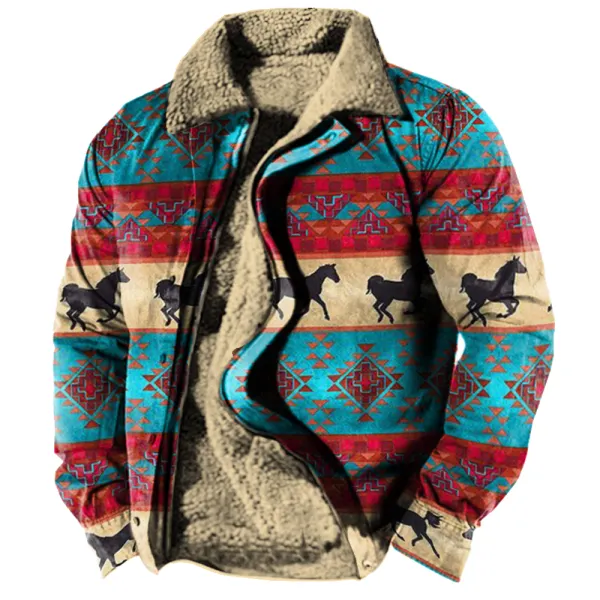 Men's Retro Ethnic Print Fleece Zipper Tactical Shirt Jacket