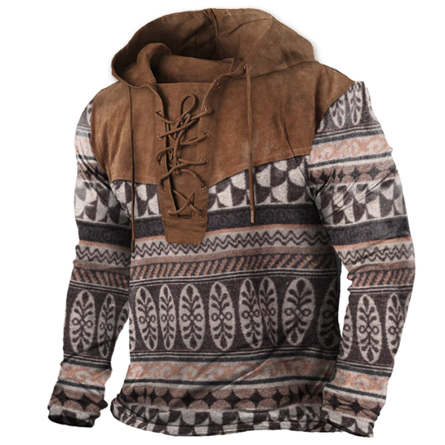 

Men's Casual Ethnic Print Lace-Up Hooded T-Shirt