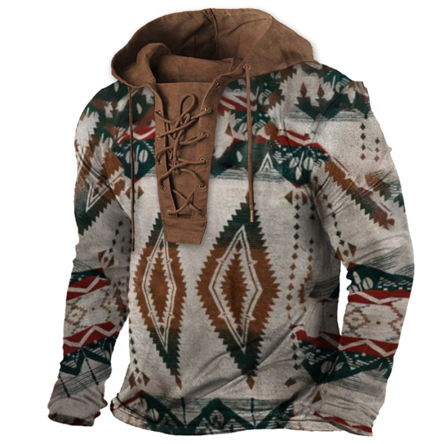 

Men's Casual Ethnic Print Lace-Up Hooded T-Shirt