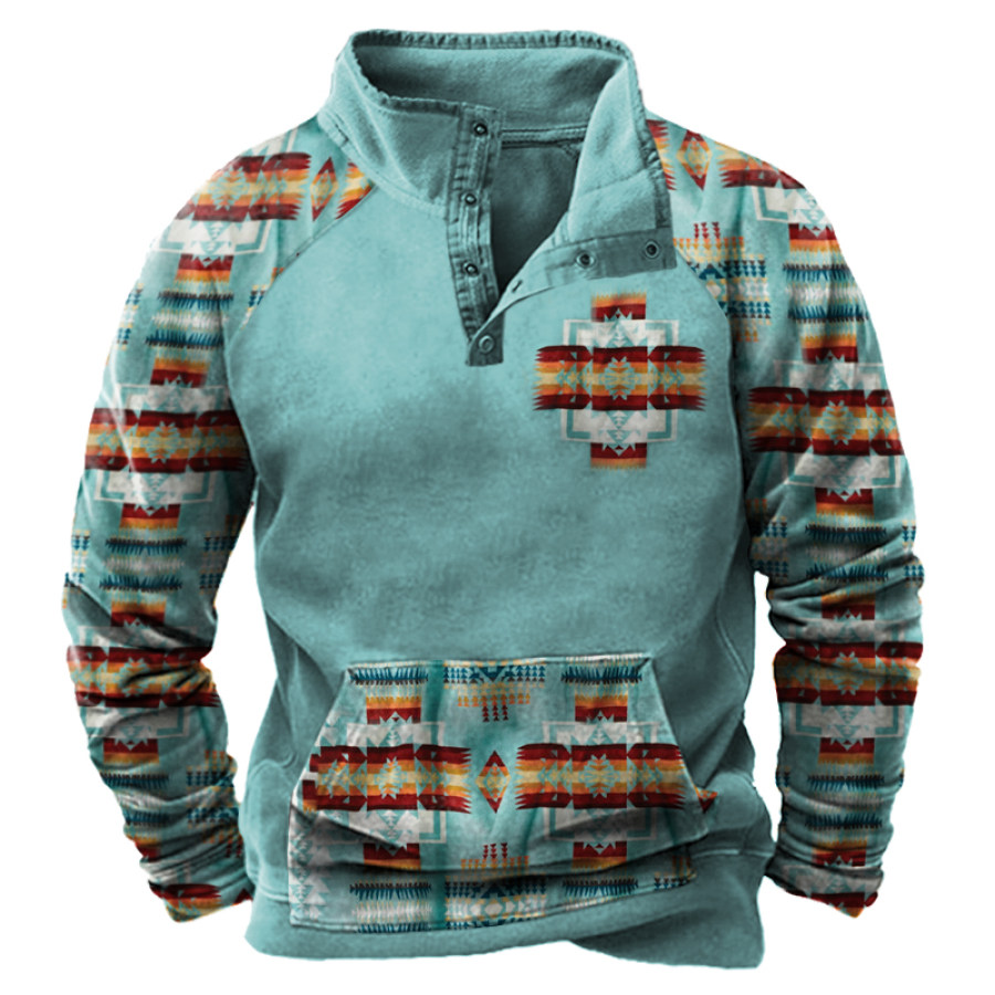 

Men's Vintage Ethnic Print Pocket Zip Sweatshirt