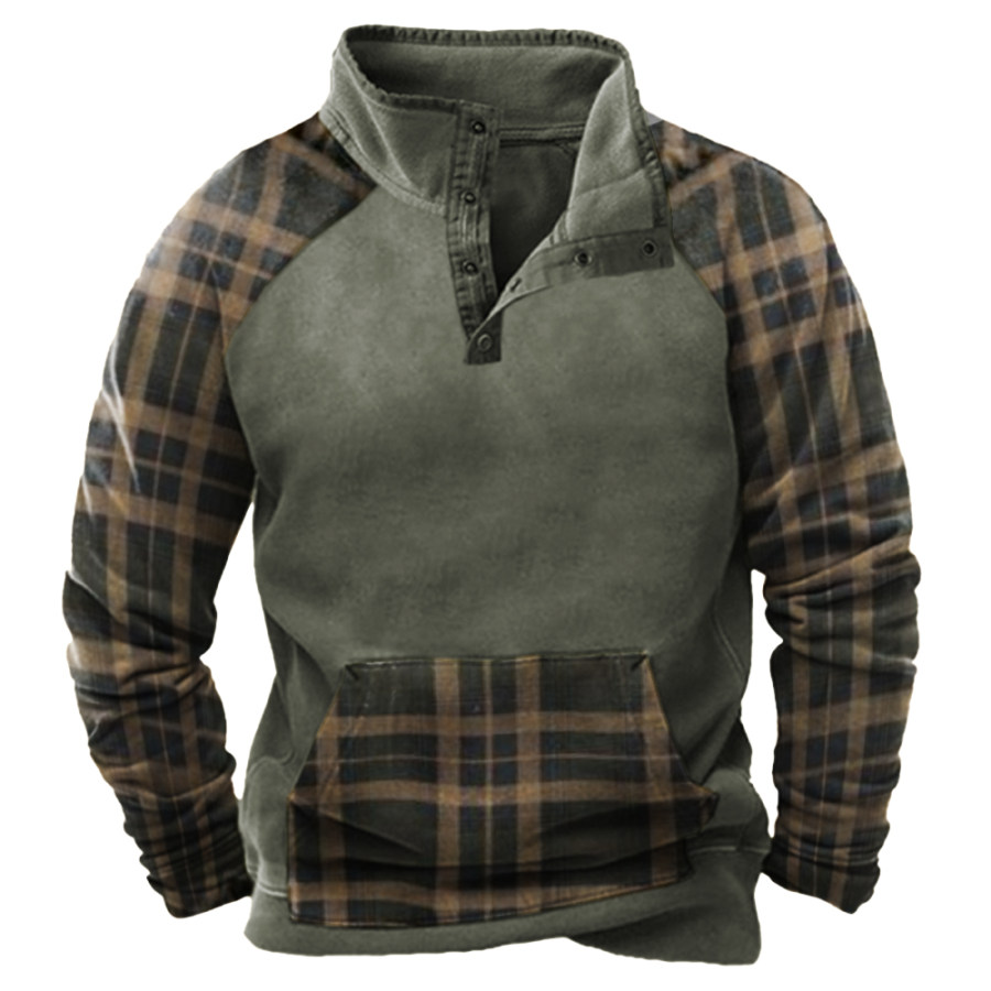 

Men's Outdoor Retro Plaid Print Stitching Tooling Tactical Polo Neck Sweatshirt