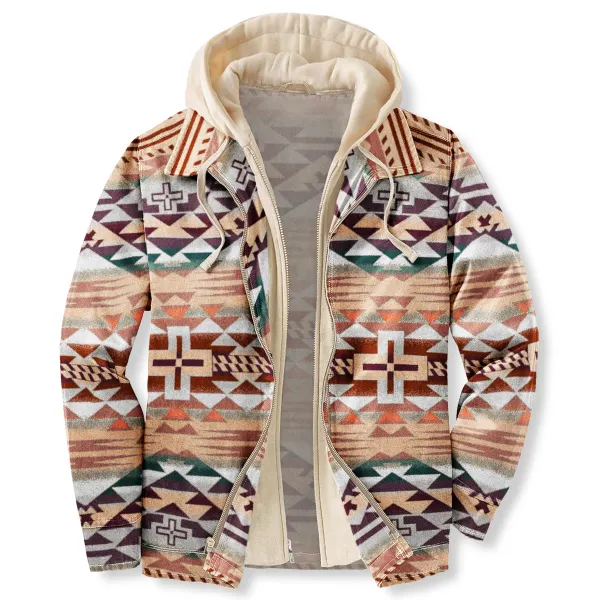 Men's Autumn & Winter Outdoor Casual Vintage Ethnic Print Hooded Jacket - Salolist.com 