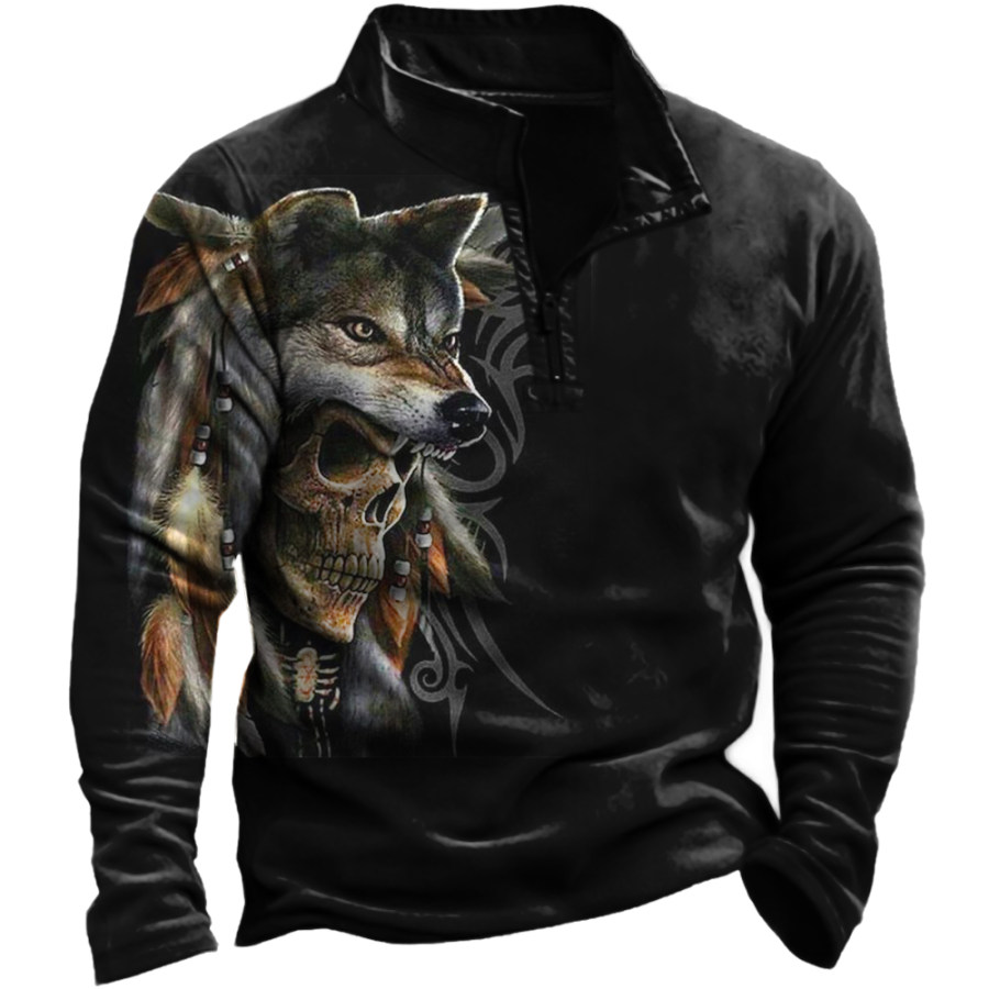 

Men's Wolf Indian Skull Print Zip Quarter Neck Sweatshirt