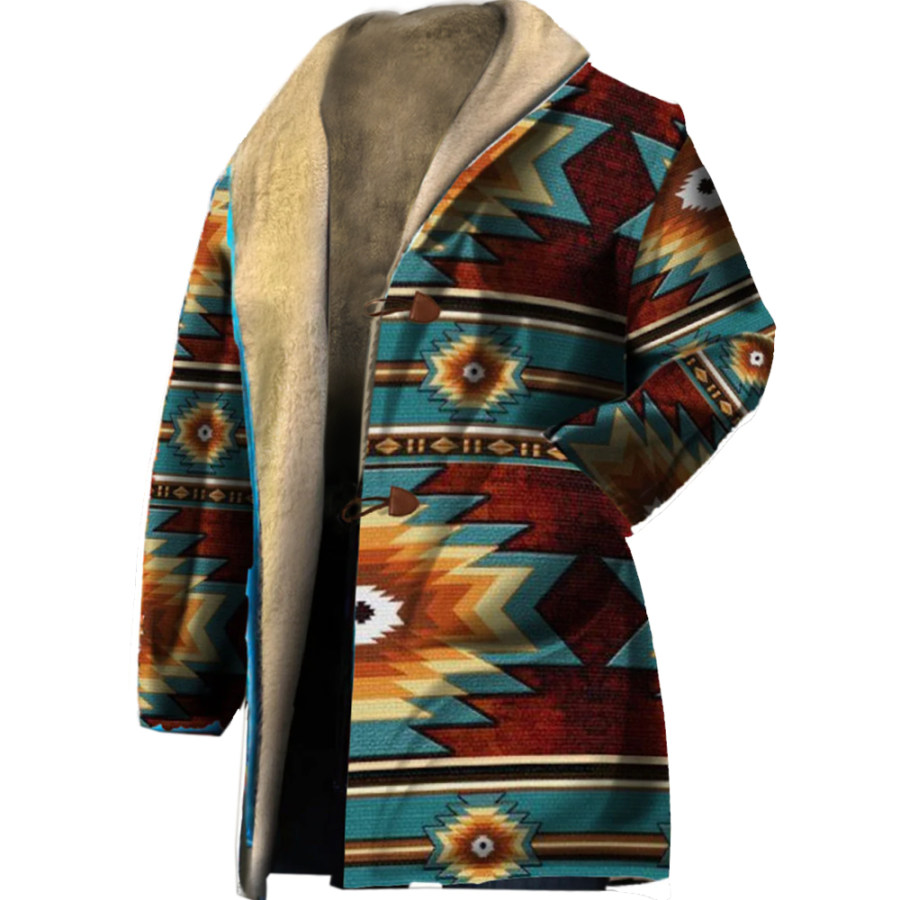 

Men's Vintage Ethnic Print Fleece Coat