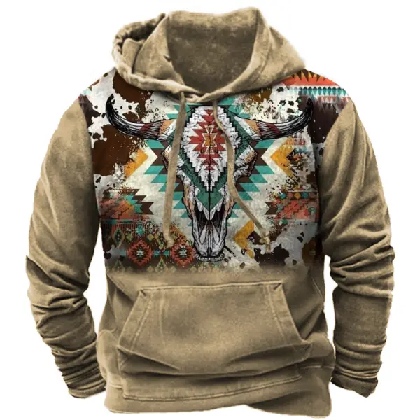 Men's Vintage Western Cowboy Print Hooded Sweatshirt - Kalesafe.com 