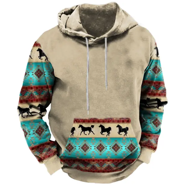 Men's Outdoor Retro Western Regions Totem Print Hooded Sweater - Kalesafe.com 
