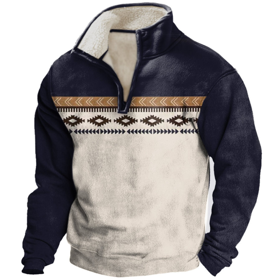 

Men's Vintage Ethnic Print Fleece Warm Stand Collar Sweatshirt