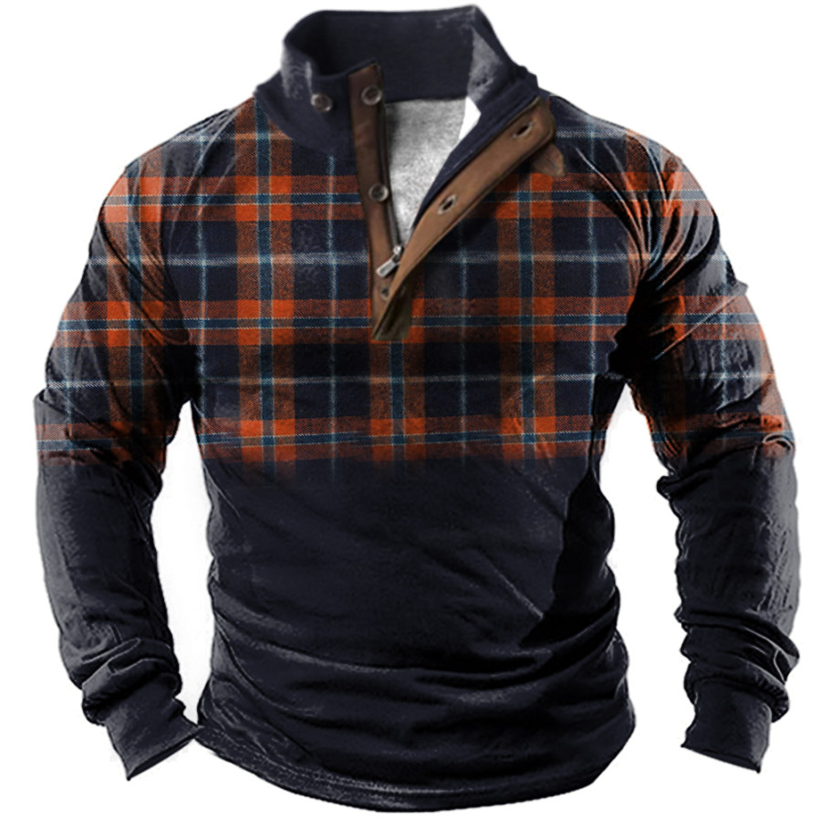 

Men's Vintage Plaid Print Stand Collar Long Sleeve T-Shirt