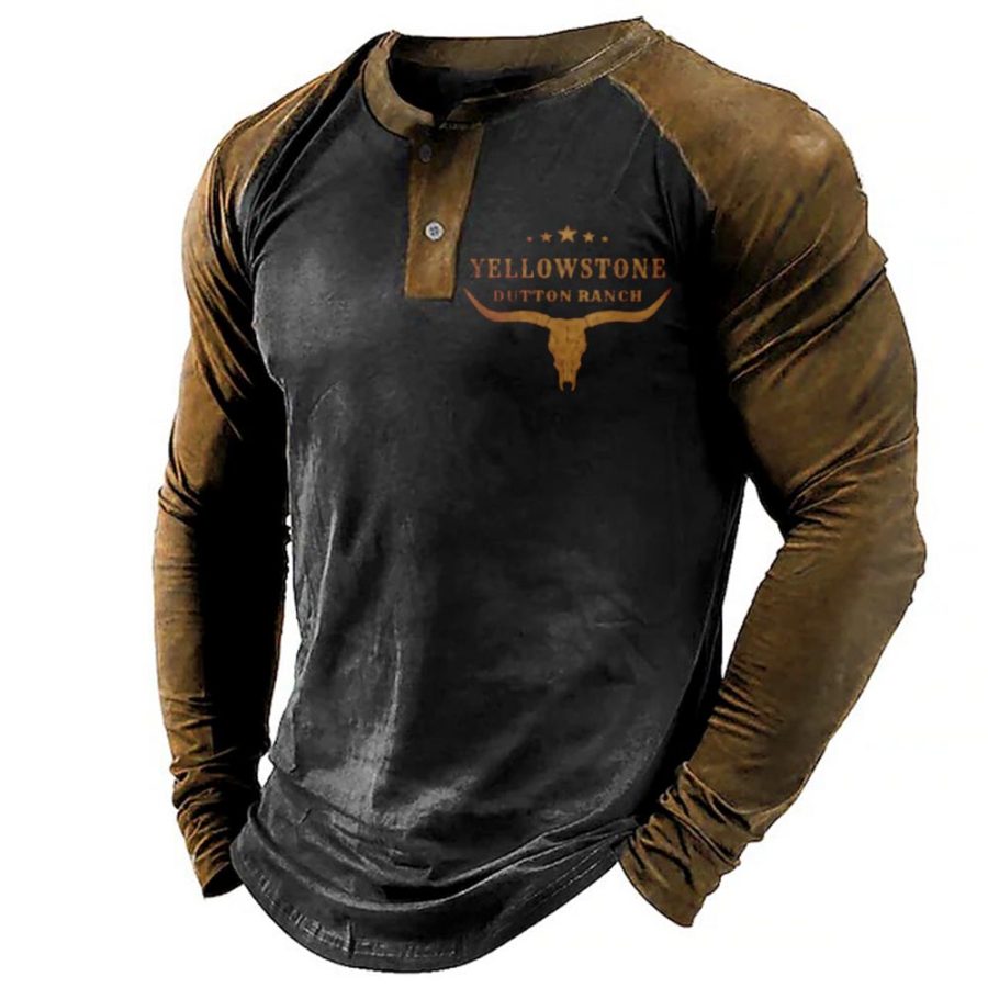 

Men's Vintage Western Yellowstone Print Henley Collar T-Shirt