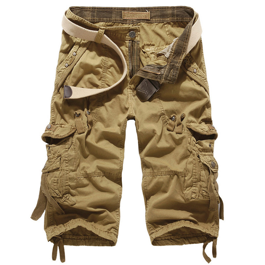 

Shorts De Hombre Estilo Cargo De Algodón Lavado Vintage Con Múltiples Bolsillos