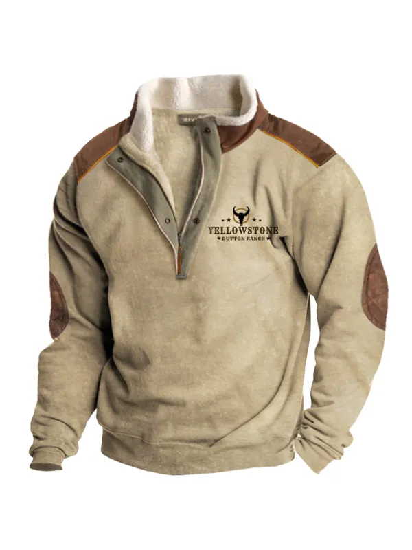 Men's Vintage Western Yellowstone Zipper Stand Collar Sweatshirt - Valiantlive.com 