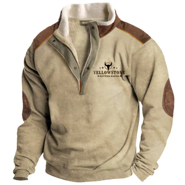 Yellowstone Fleece Sweatshirts Men's Vintage Western Yellowstone Zipper Stand Collar Fleece Elbow Patch Sweatshirt  