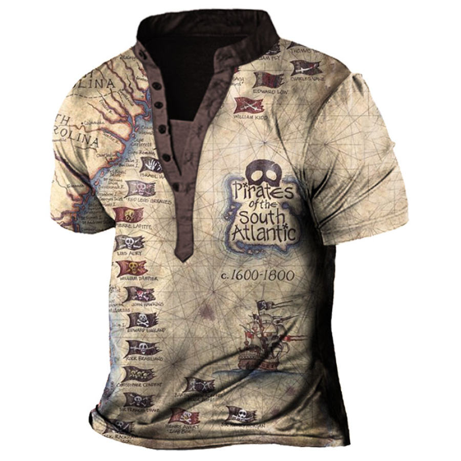 

Camiseta Masculina Plus Size Vintage Pirata Caveira Mapa Náutico Com Estampa Náutica Henry