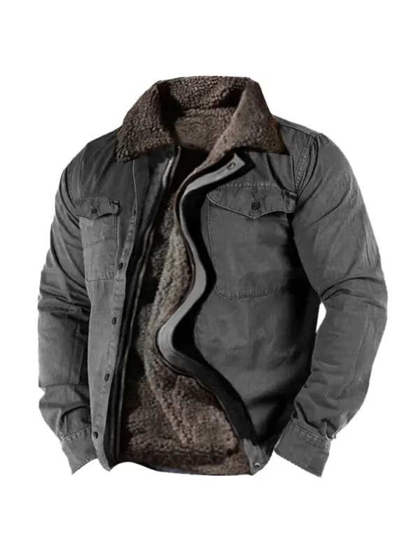 Men's Retro Lining Plus Fleece Zipper Tactical Shirt Jacket - Spiretime.com 