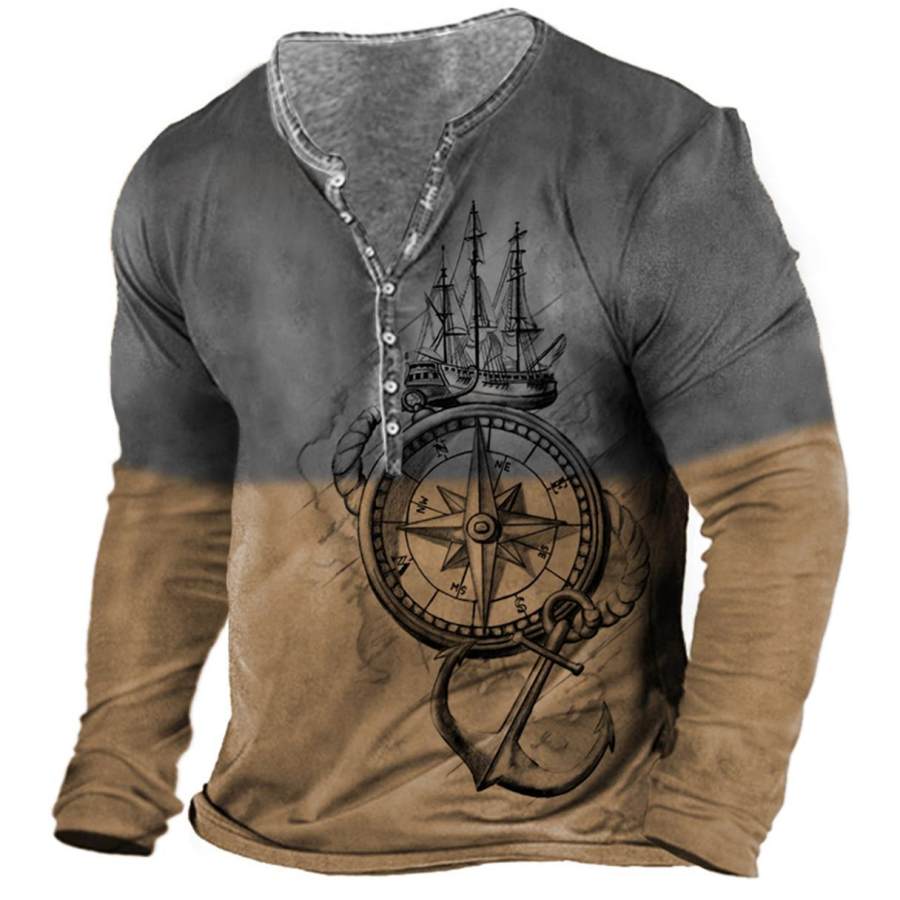

Men's Vintage Nautical Anchor Compass Print Henley T-Shirt