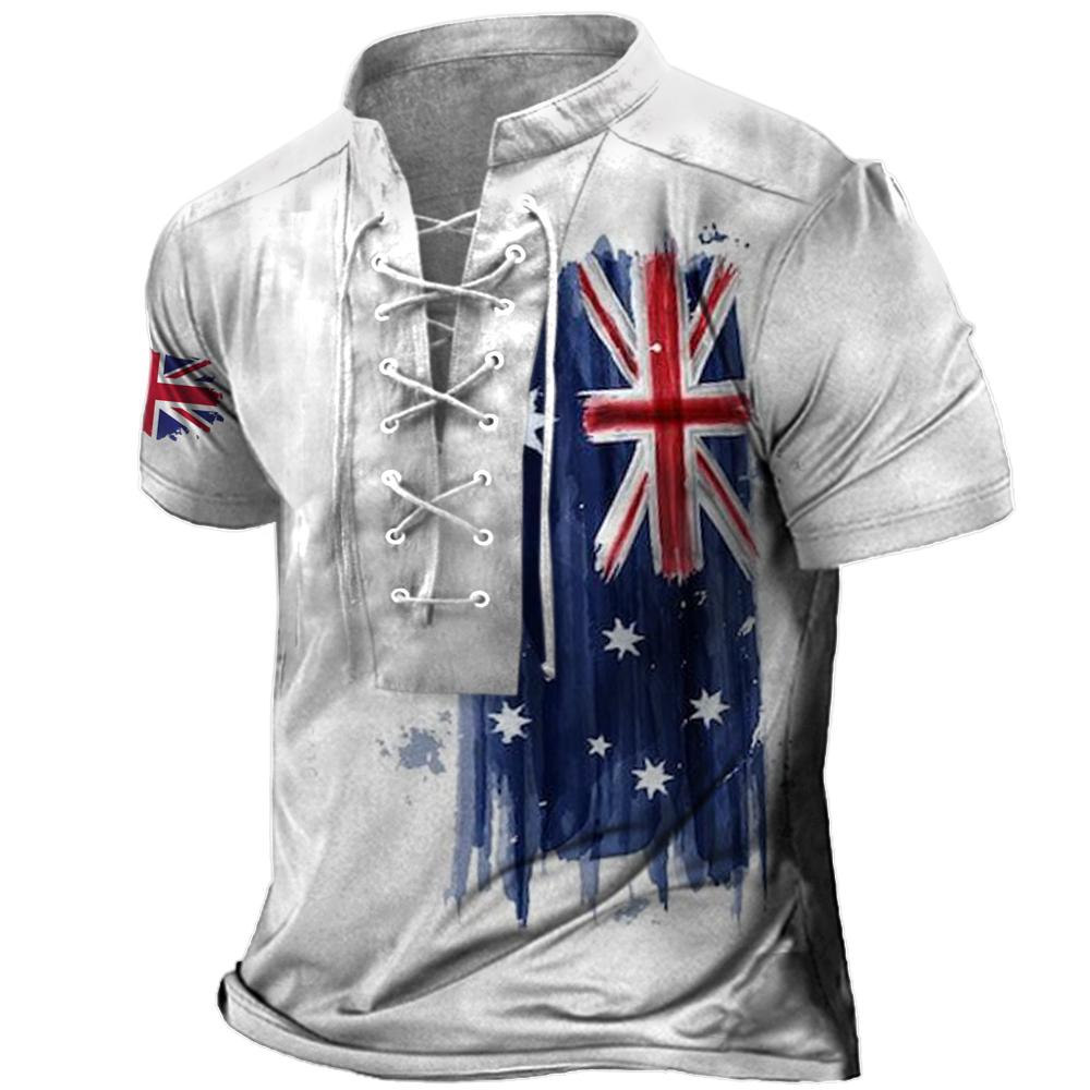 Men's Outdoor Vintage British Chic Flag Tie Stand Collar T-shirt