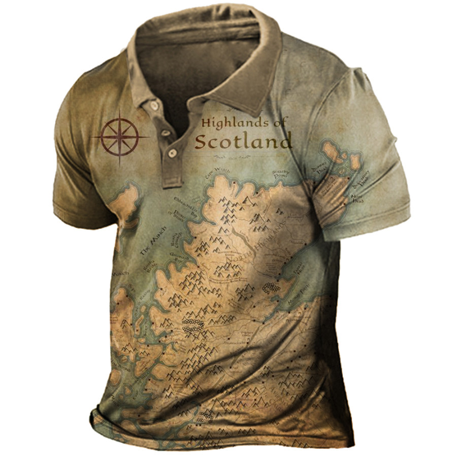 

Men's Vintage World Map Print Polo Neck T-Shirt