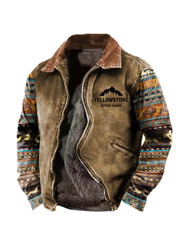 Men's Vintage Western Yellowstone Printed Fleece Warm Jacket