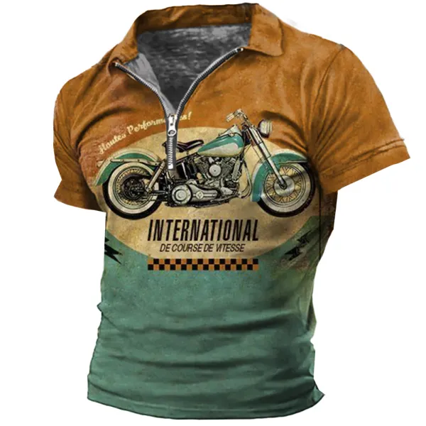 Men's Vintage Motorcycle Contrast Print Zipper T-Shirt - Nikiluwa.com 