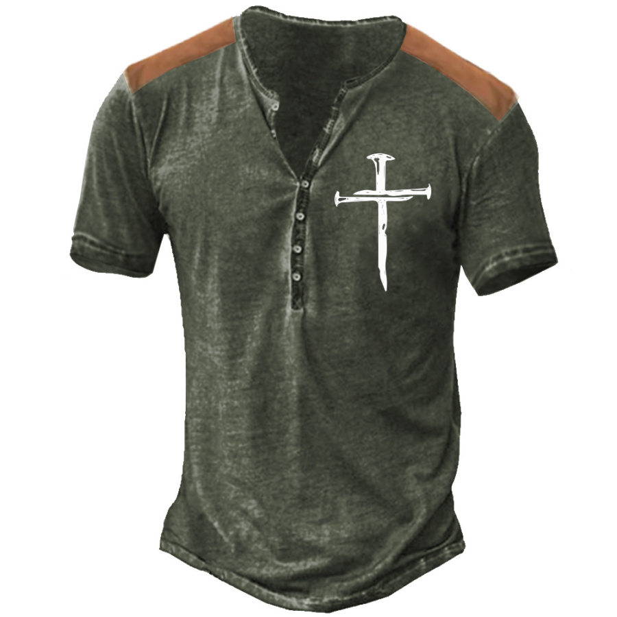 

Men's Vintage Jesus Cross Print Henley Collar T-Shirt