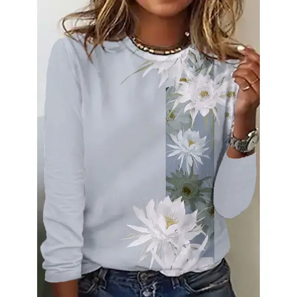 Round Neck Casual Loose Floral Print Long Sleeve T-Shirt - Honeylop.chimpone.com 