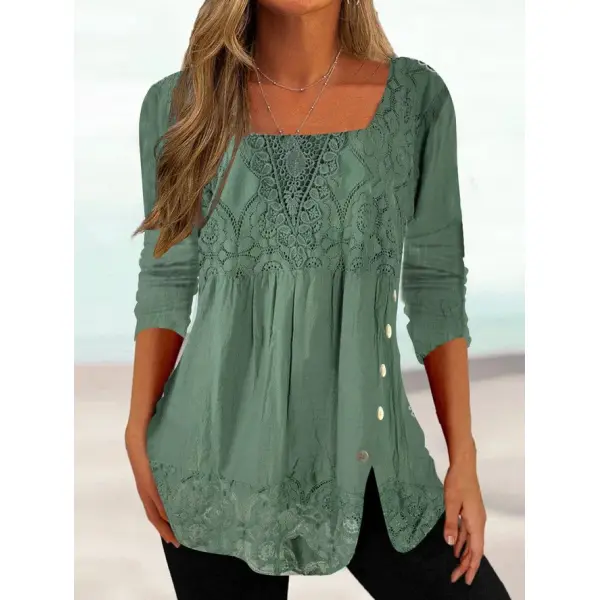 Round Neck Casual Loose Lace Stitching Long-sleeved Blouse - Honeylop.chimpone.com 