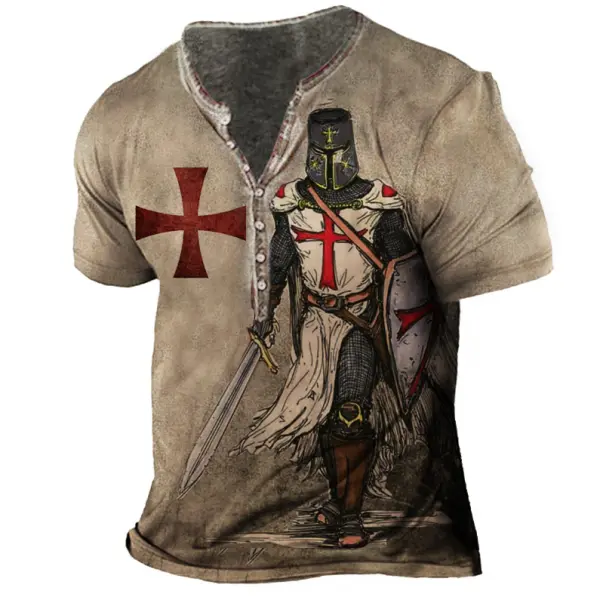 Plus Size Men's Vintage Templar Cross Henley Collar T-Shirt - Cotosen.com 