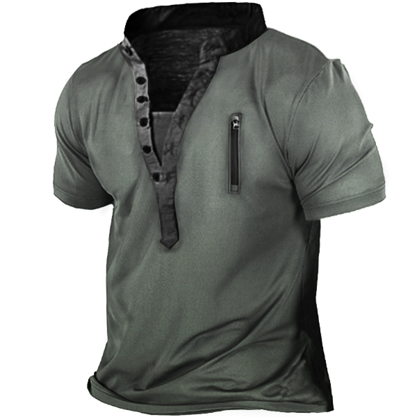 Men's Outdoor Zip Retro Print Chic Tactical Heney Short Sleeve T-shirt
