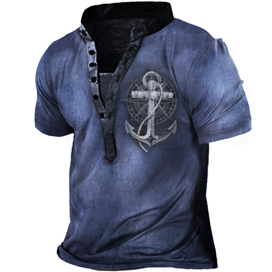 

Plus Size Nautical Anchor Print Men's Vintage Henley Short Sleeve T-Shirt