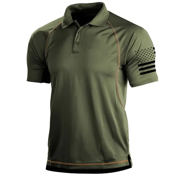 Plus Size Men's Outdoor American Flag Tactical Sport PoLo Neck T-Shirt - Kalesafe.com 