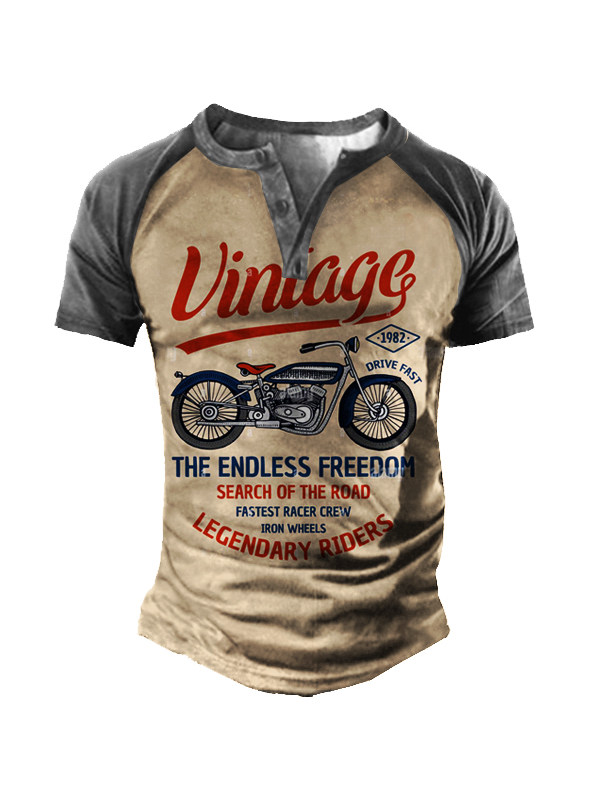 Plus Size Vintage Motorcycle Racing Men's Print Henley Short Sleeve T-Shirt