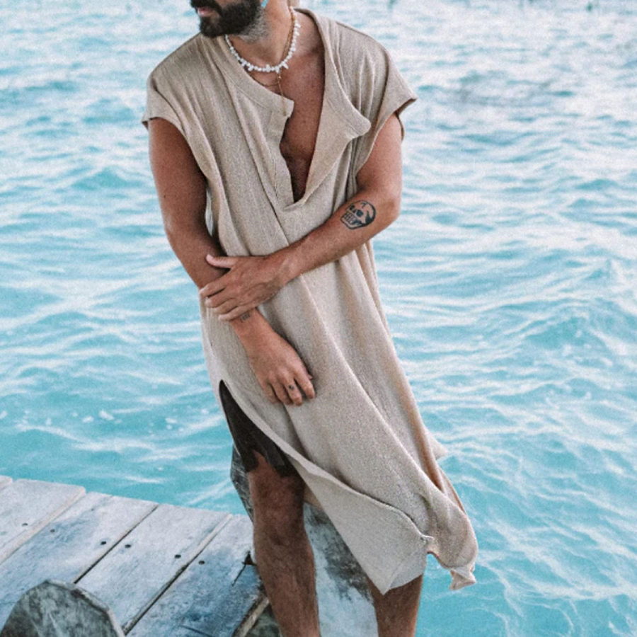 

Men's Linen Holiday Long V-Neck Shirt
