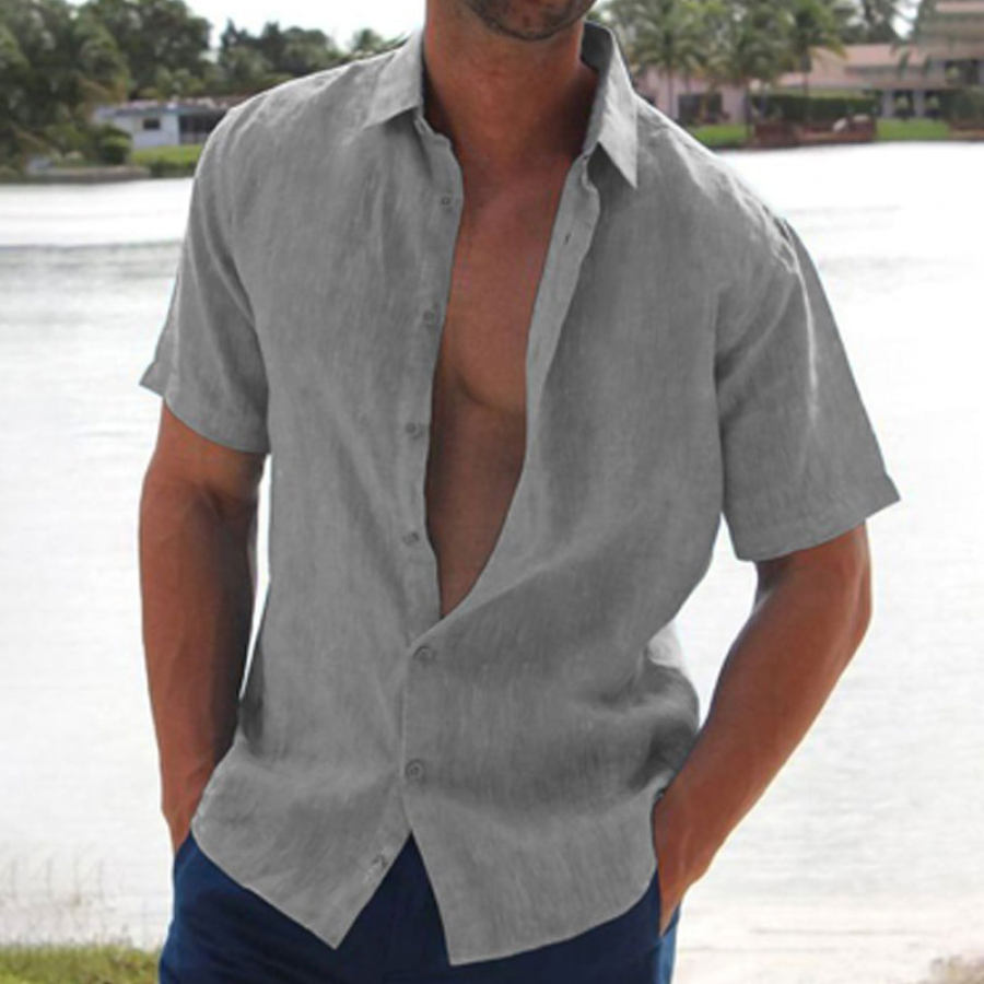 

Летняя однотонная мужская льняная блузка с короткими рукавами и лацканами