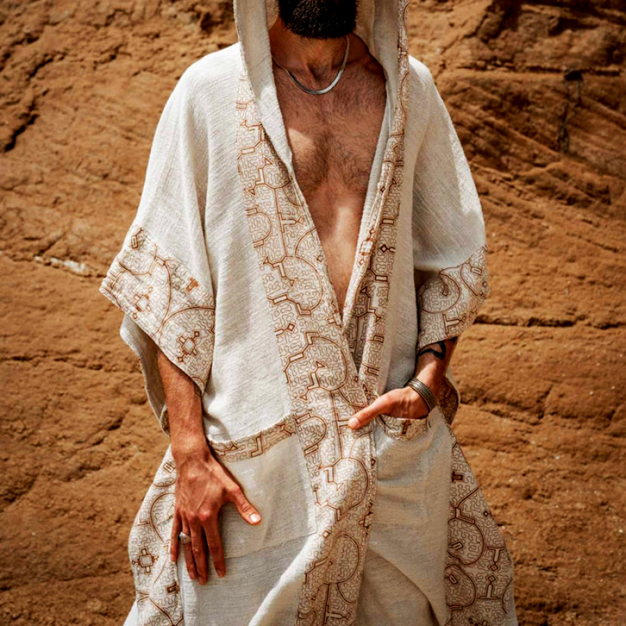 

Men's Tulum Linen Holiday Long Hooded Cape Cardigan