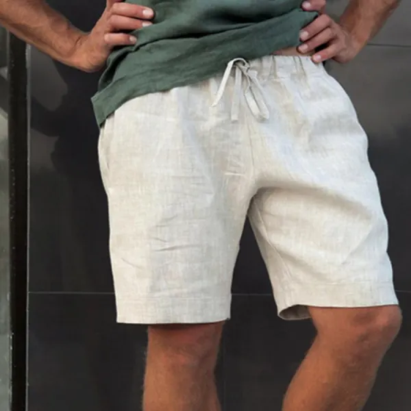 Men's Summer Loose Lace-Up Five-Point Pants Solid Color Linen Shorts - Yiyistories.com 