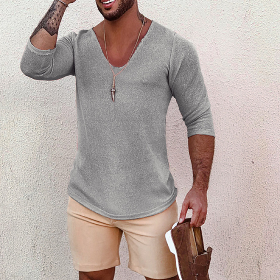 

Men's Deep V Neck Breathable Linen Cotton Mid Sleeve T-Shirt