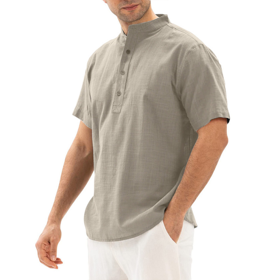 

Men's Casual Loose Stand Collar Button Cotton Linen Short Sleeve Shirt